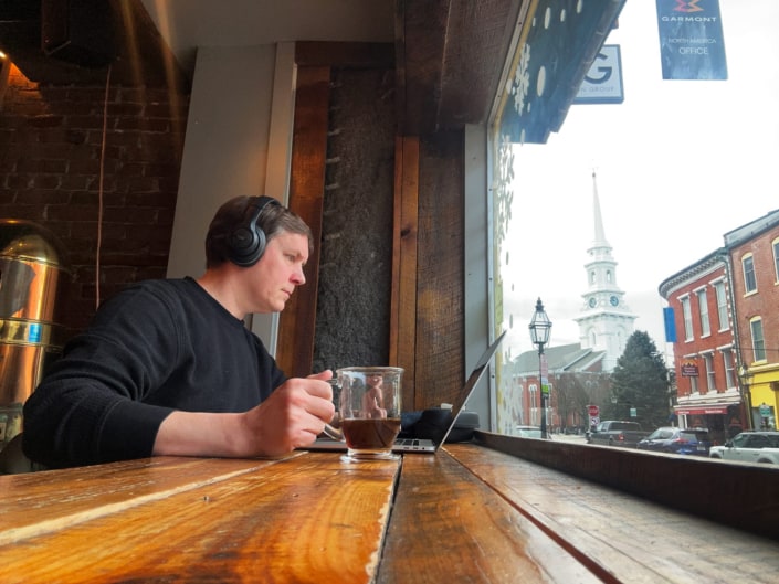 Dan Freund, Portsmouth Realtor, working at the Cup of Joe on Market Street.